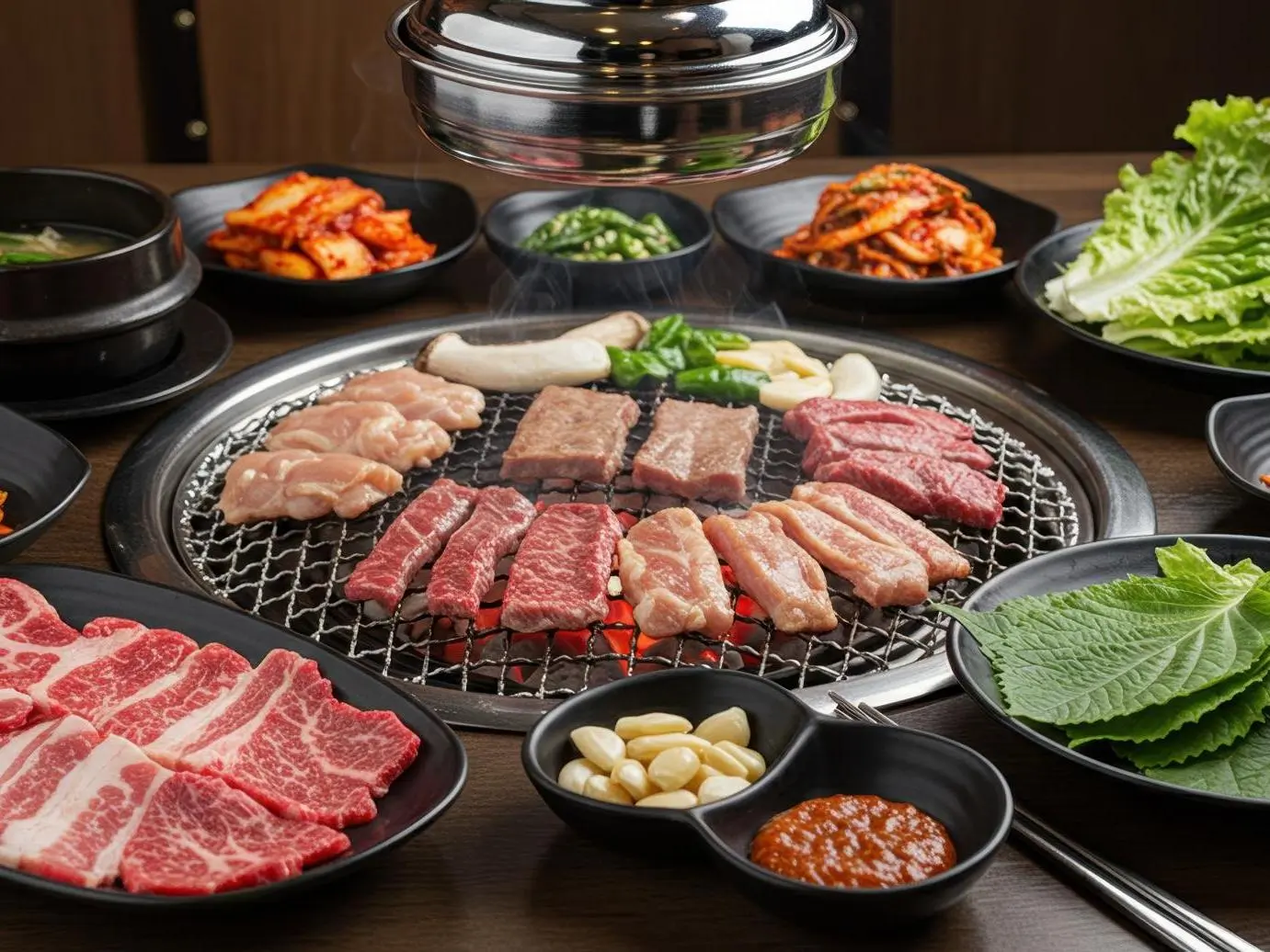 Korean Style BBQ Set - Assorted raw meats, kimchi, and accompaniments for Korean barbecue at T-Pot & BBQ, a Asian Fusion Restaurant in College Park